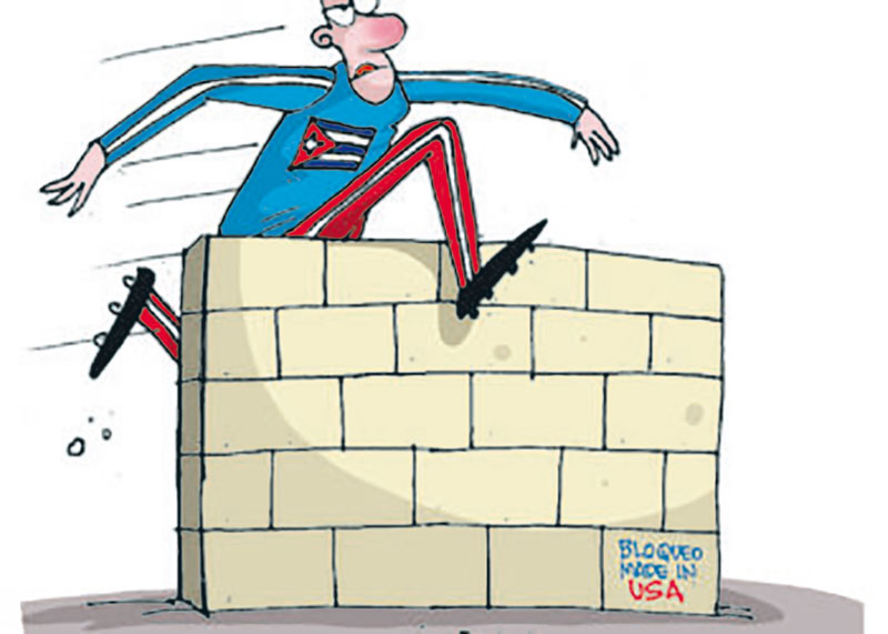 Zancadilllas del bloqueo al deporte cubano / Ilustración: Martirena