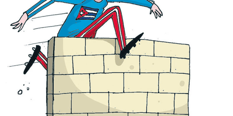 Zancadilllas del bloqueo al deporte cubano / Ilustración: Martirena