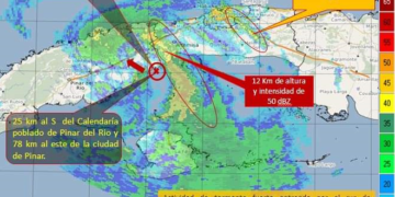 Radar meteorológico de casa Blanca, que muestra el centro de circulación entrando por Punta La Capitana, San Cristóbal, Artemisa 24.08.20