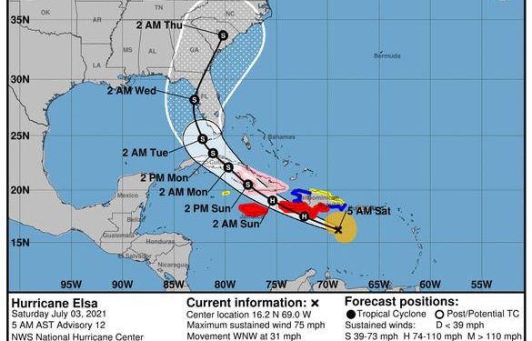 Cono de probabilidades del paso del huracán Elsa