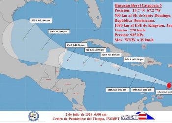 Huracán Beryl alcanza la categoría 5 en el Caribe oriental